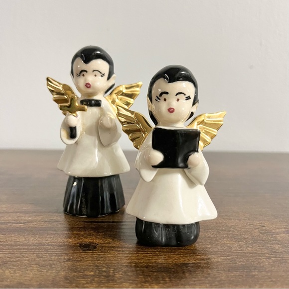 Vintage Ceramic Set of Choir Angels Singing Black White Gold Trim Read Note - Picture 2 of 7